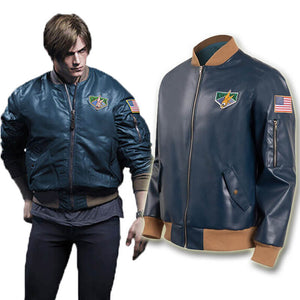 Leon Kennedy RE4 Remake Blue Leather Bomber Jacket with Patches
