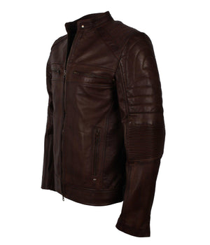 Men's Dark-Brown Distressed Cafe Racer Genuine Leather Jacket with Zipper Pockets