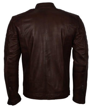 Men's Dark-Brown Distressed Cafe Racer Genuine Leather Jacket with Zipper Pockets