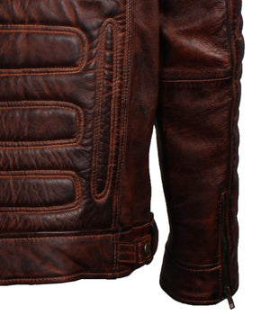 Men's Dark Brown Padded Waxed Genuine Leather Motorcycle Jacket with Quilted Shoulders and Zip Pockets