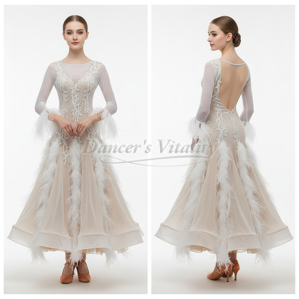 Ballroom Dance Dress With Puff Sleeves And Backless, White, For Adult Wedding And Performance