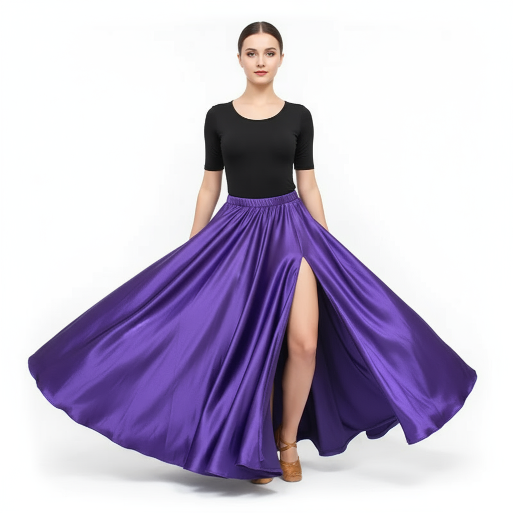 Women's And Kids Belly Dance Long Satin Skirt With Side Slit For Practice