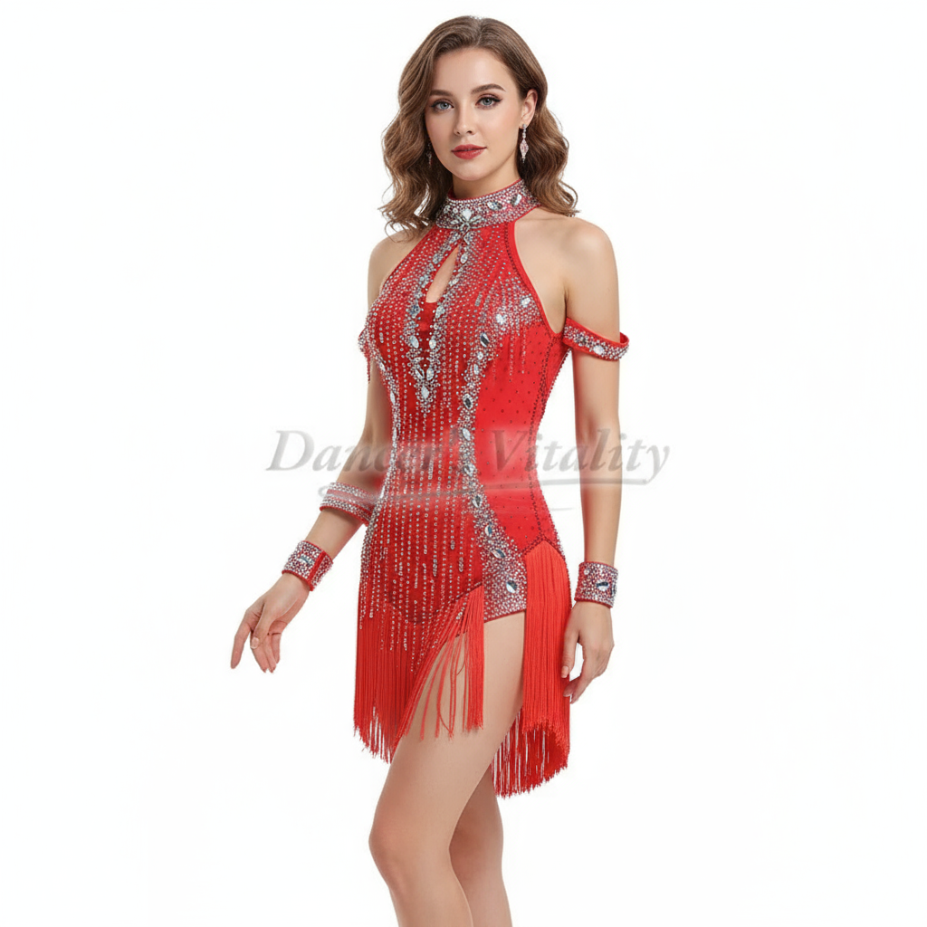 Women's Latin Ballroom Dress With High Neck Tassels and AB Rhinestones, Red, Cha-Cha Samba Rumba Competition