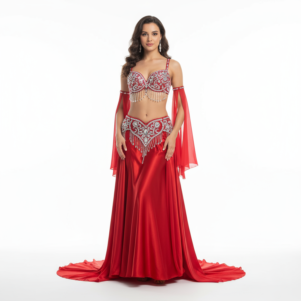 Women's Belly Dance Costume With AB Rhinestones Satin Two-Piece Set For Adult Professional Performance