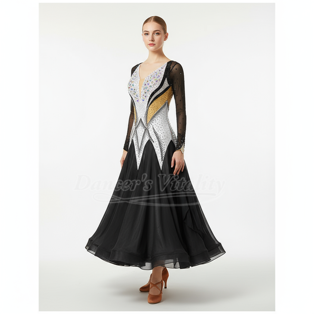 Women's Standard Ballroom Competition Dress With Long Sleeves And Full Swing Skirt For Waltz, Foxtrot, Tango, Quickstep