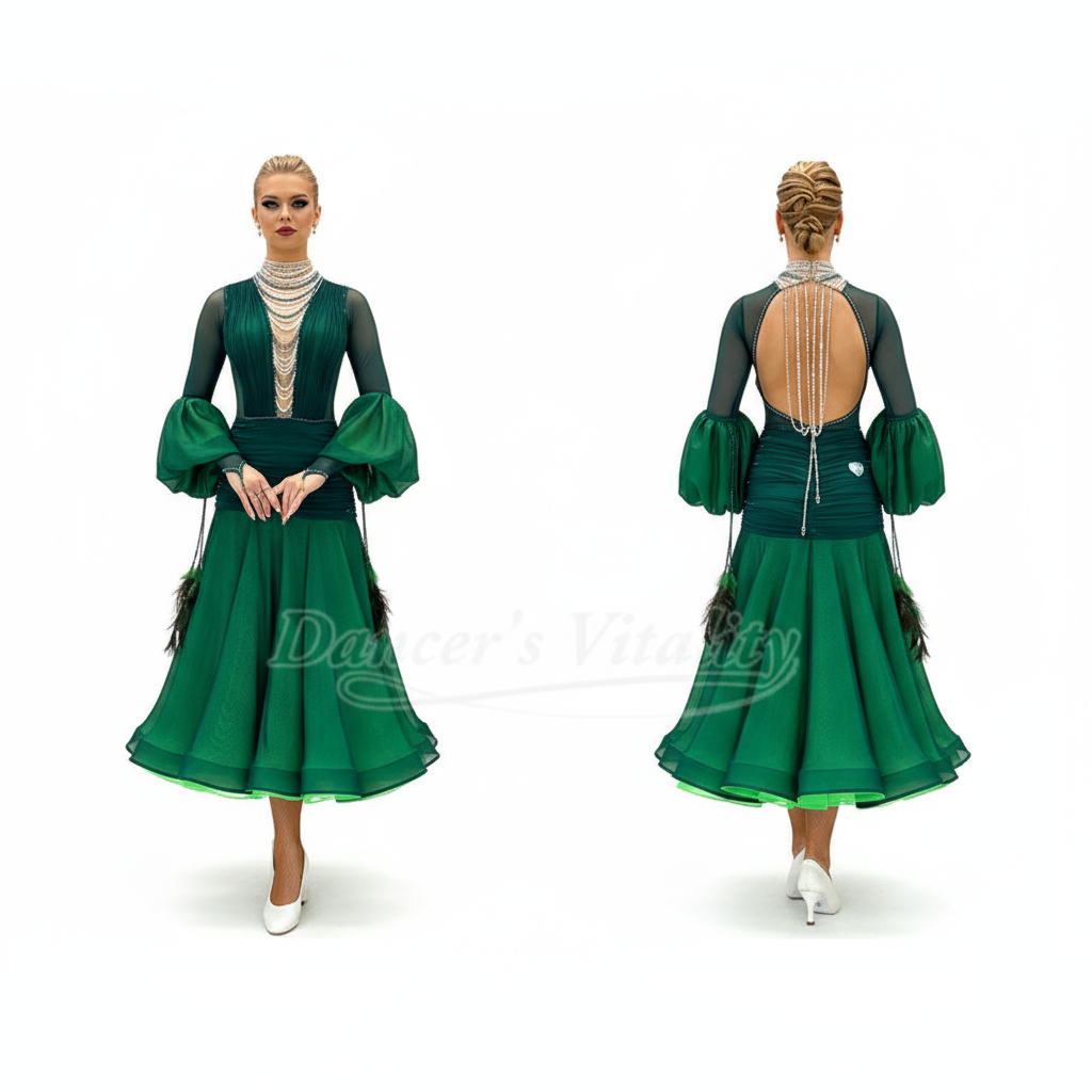 Women's Standard Ballroom Dress With Lantern Sleeves, Backless Design For Competition and Performance