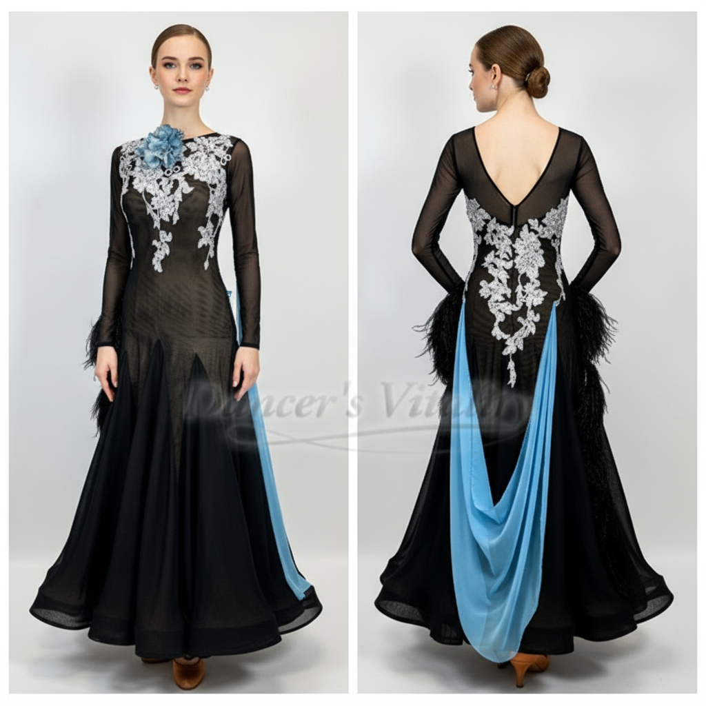 Ballroom Competition Dress With Long Sleeves V-Back For Waltz Foxtrot Quickstep Custom Adult & Child