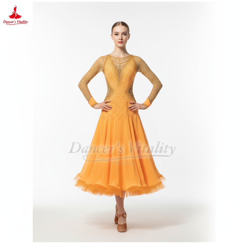 Ballroom Dance Dress With Sheer Mesh Back Light Orange For Women & Girls Competition Waltz Foxtrot Tango