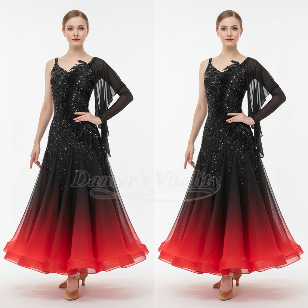 Women's Standard Ballroom Dance Dress With Full Swing Skirt For Competition