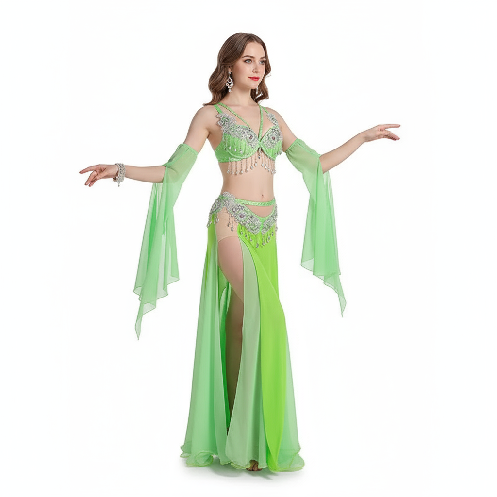 Women's Belly Dance Costume 3-Piece Set With Rhinestone Bra, Sleeves, Long Chiffon Skirt For Performance