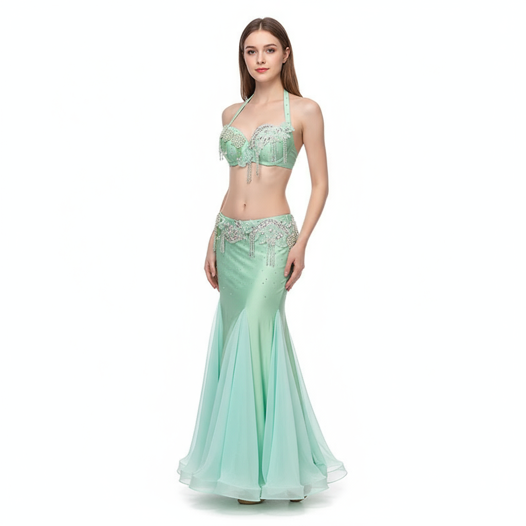 Women's Belly Dance 2-Piece Costume Set With AB Rhinestone Bra and Fishtail Skirt For Performance