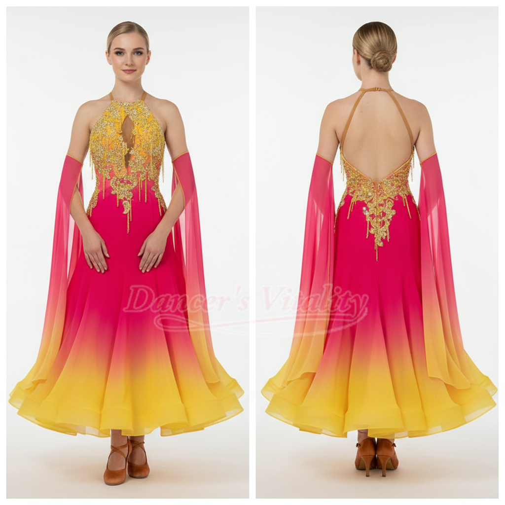 Women's Ballroom Dance Dress Sleeveless Chiffon Ombre Full Skirt For Waltz Foxtrot Competition