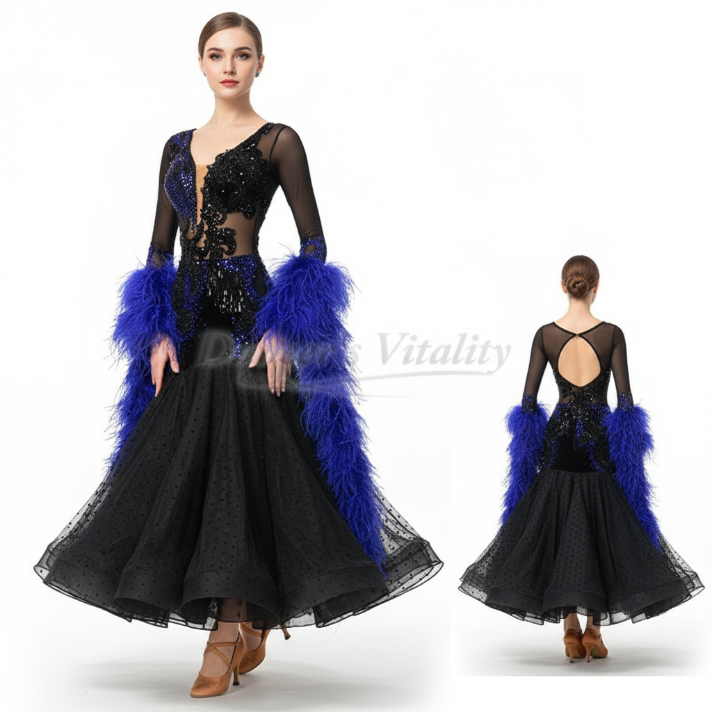 Women's Ballroom Dance Dress With Polka Dots And Ostrich Feather Sleeves For Waltz Foxtrot Tango Quickstep