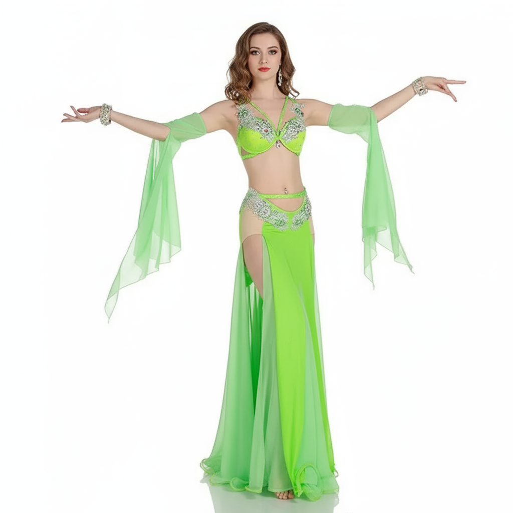 Women's Belly Dance Costume Set With AB Rhinestone Bra, Sleeves, Chiffon Long Skirt For Performance