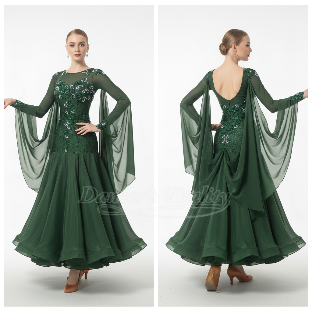 Women's Ballroom Standard Performance Dance Dress Bottle Green For Competition