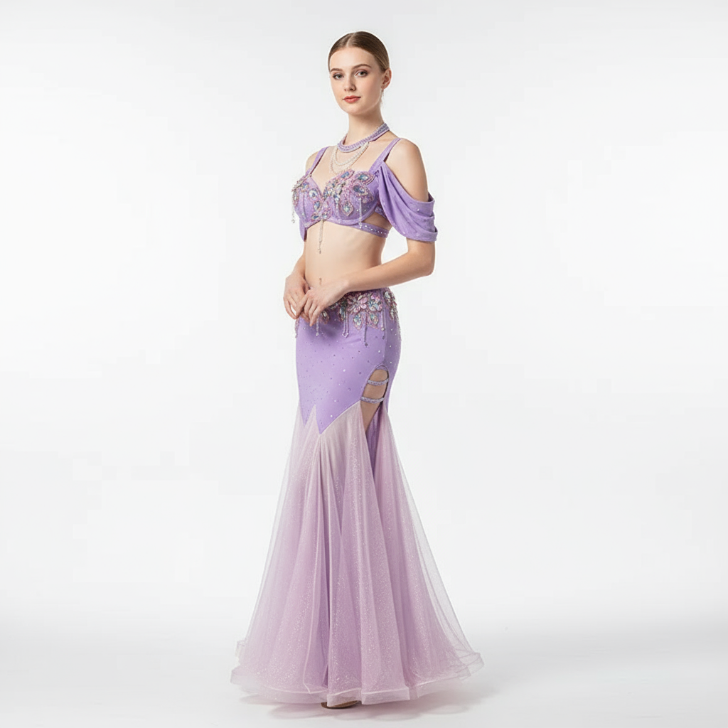 Women's Belly Dance Costume 2-Piece Set With Rhinestone Bra And Fishtail Skirt For Performance