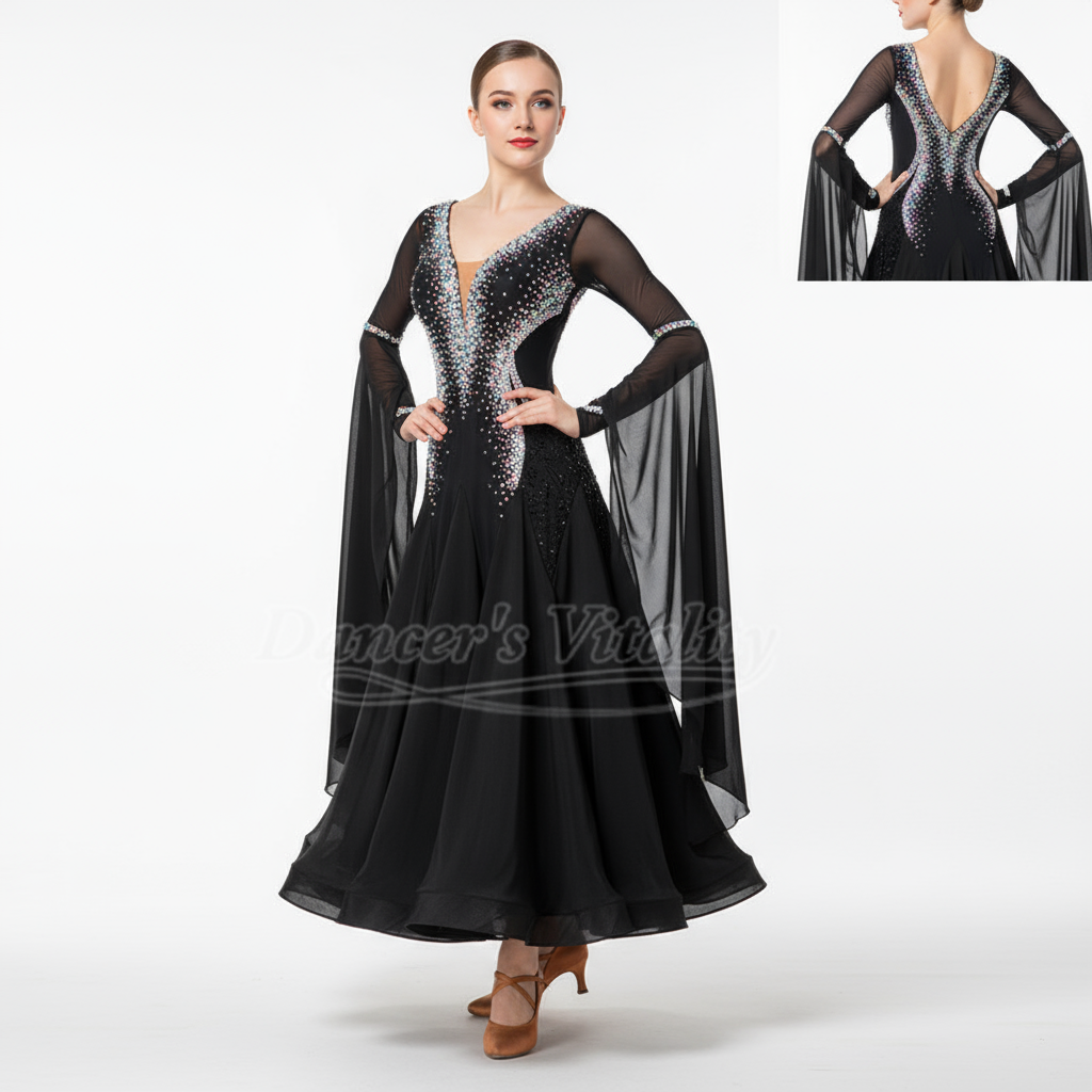 High-end Custom Adult Luxury AB Stone Ballroom Dance Competition Clothe Viennese Waltz Black Long Sleeve Perform Big Swing Skirt