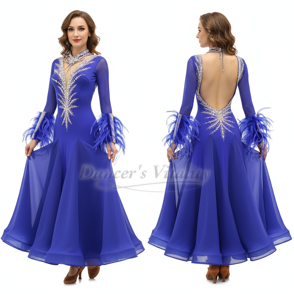 Adult Women AB Stones Long Sleeves Ballroom Dance Backless Dresses Customize Waltz Foxtrot Tango Quickstep Professional Outfit