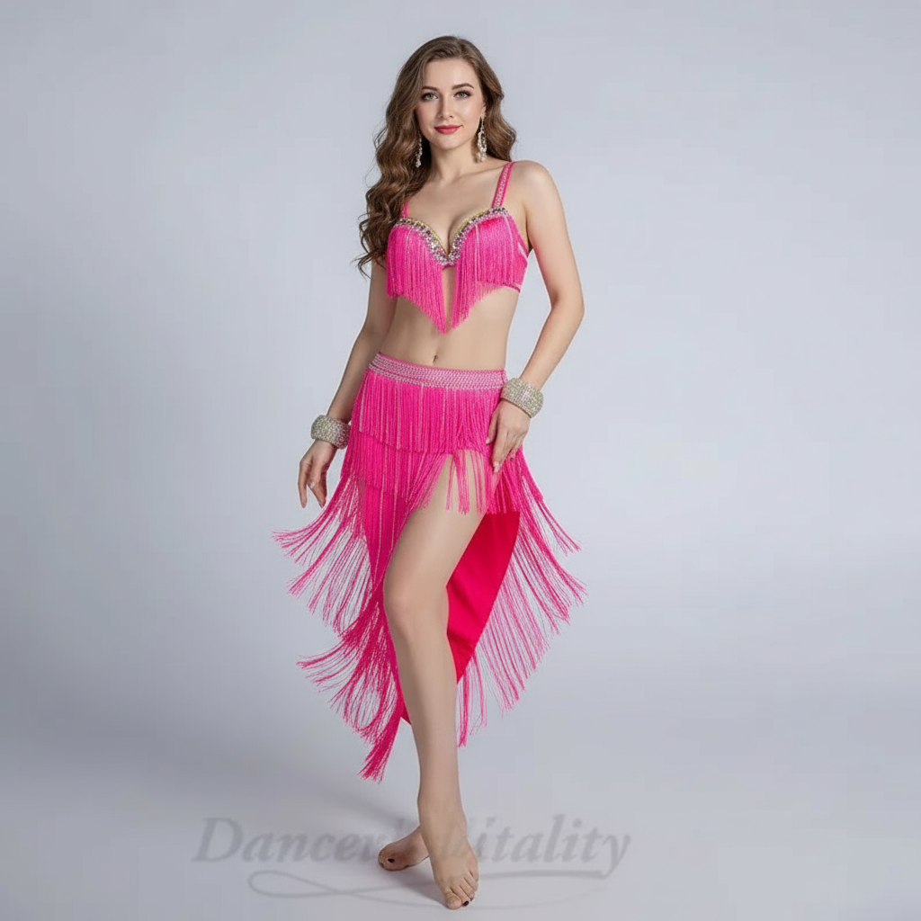 Women's Belly Dance Competition Costume Set With AB Rhinestone Bra and Tassel Split Skirt
