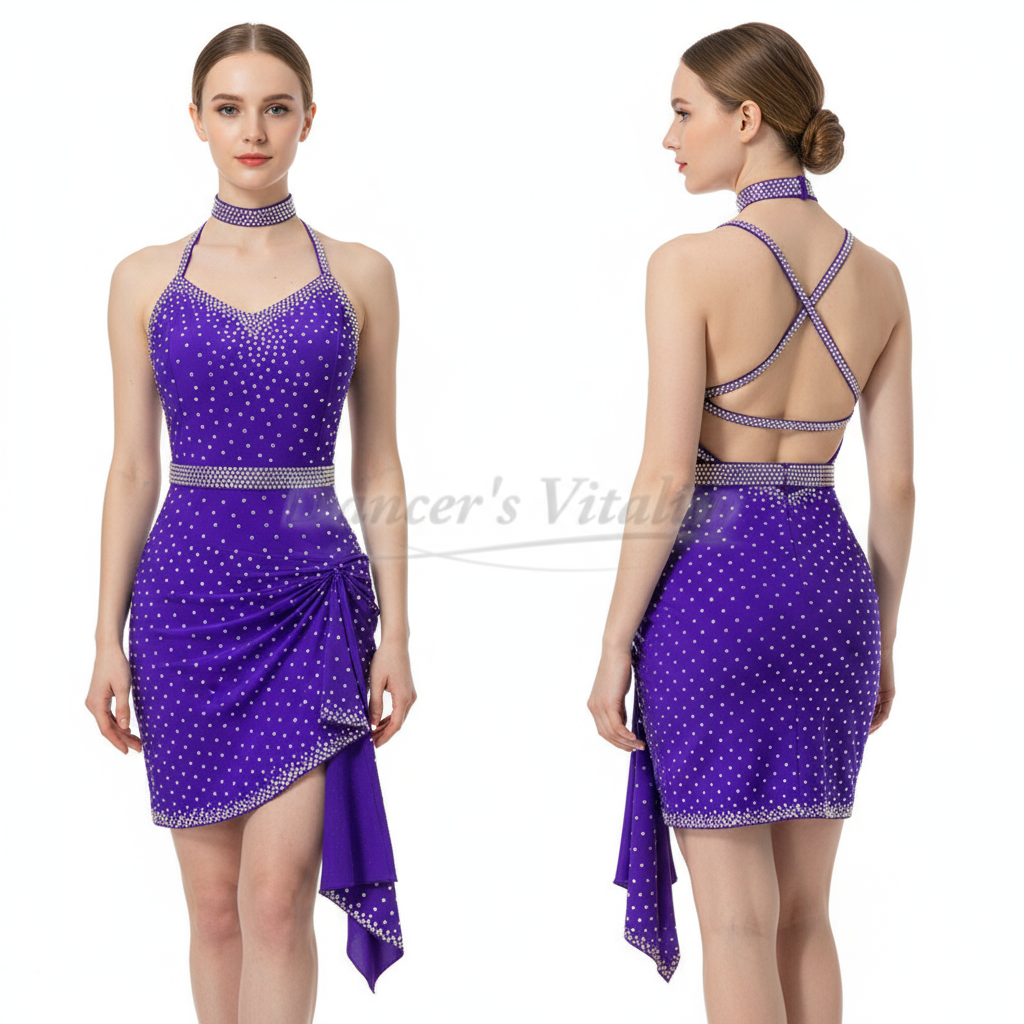 Latin Ballroom Dress Customizable With AB Rhinestones Sleeveless Purple For Kids And Adults Competition