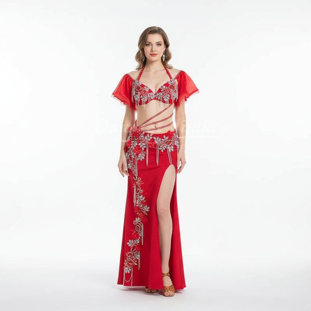 Belly Dance Costume Set With AB Rhinestone Bra Top & Tassel Fishtail Long Skirt For Kids & Adults Performance