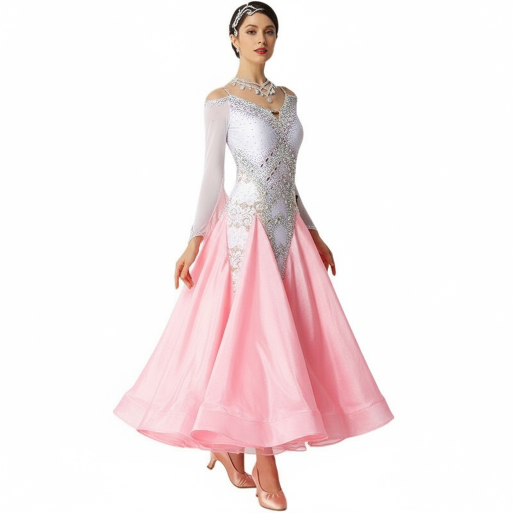 Girls' Long Ballroom Dance Dress With Pearl Embellishment For Competition