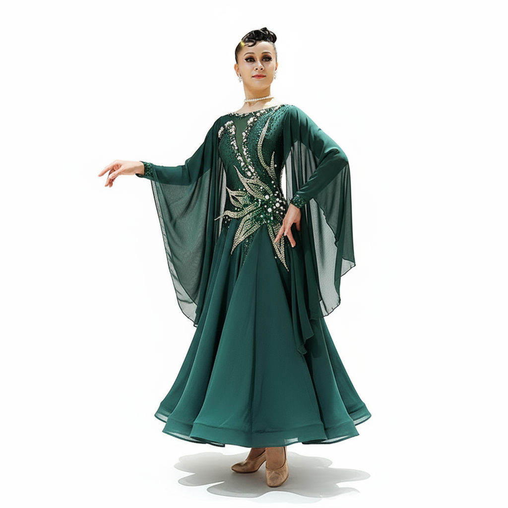 Women's Standard Ballroom Dance Dress With Chiffon Fabric In Green For Performance
