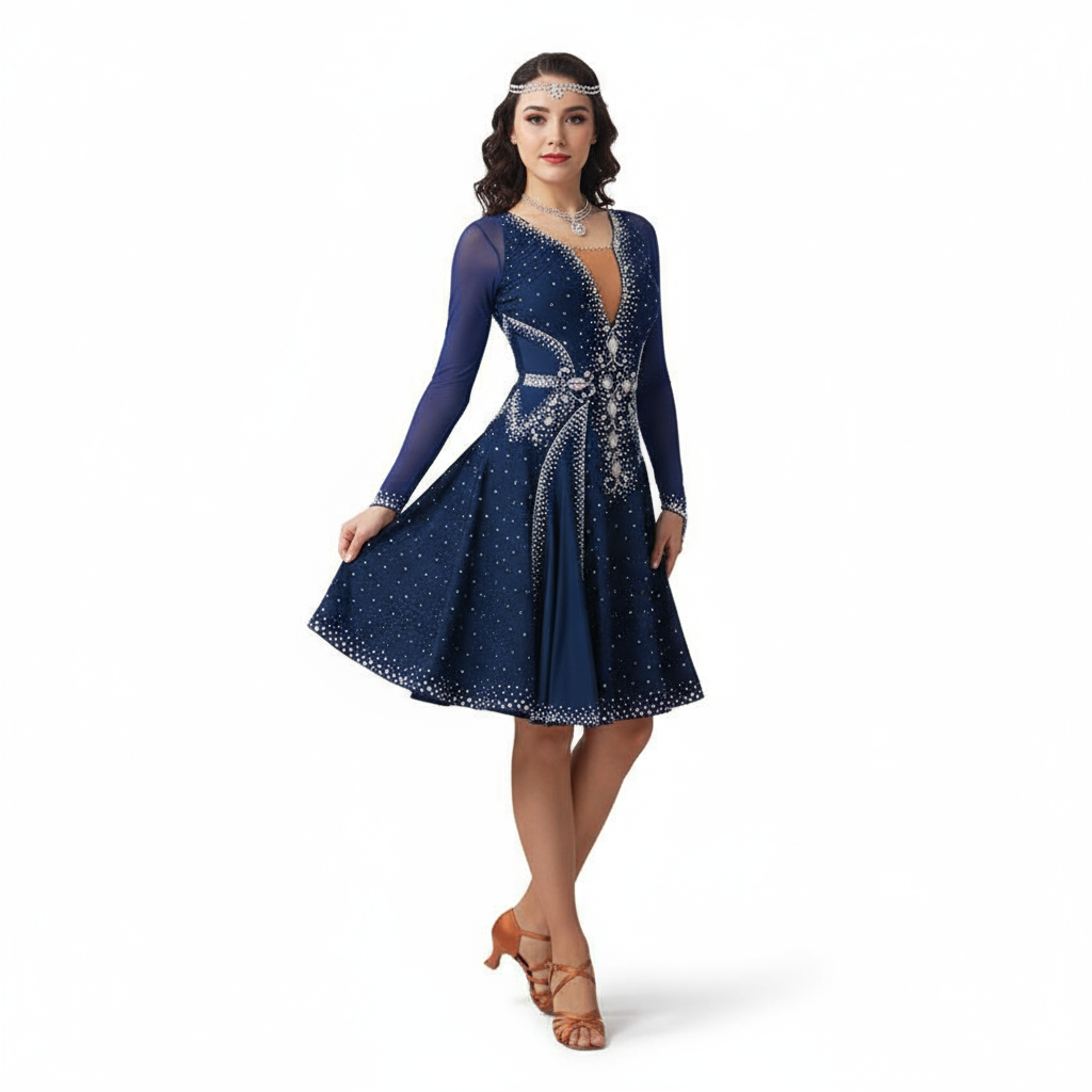 Women's And Girls Latin Ballroom Competition Dress With Rhinestones Chinese Style For Performance