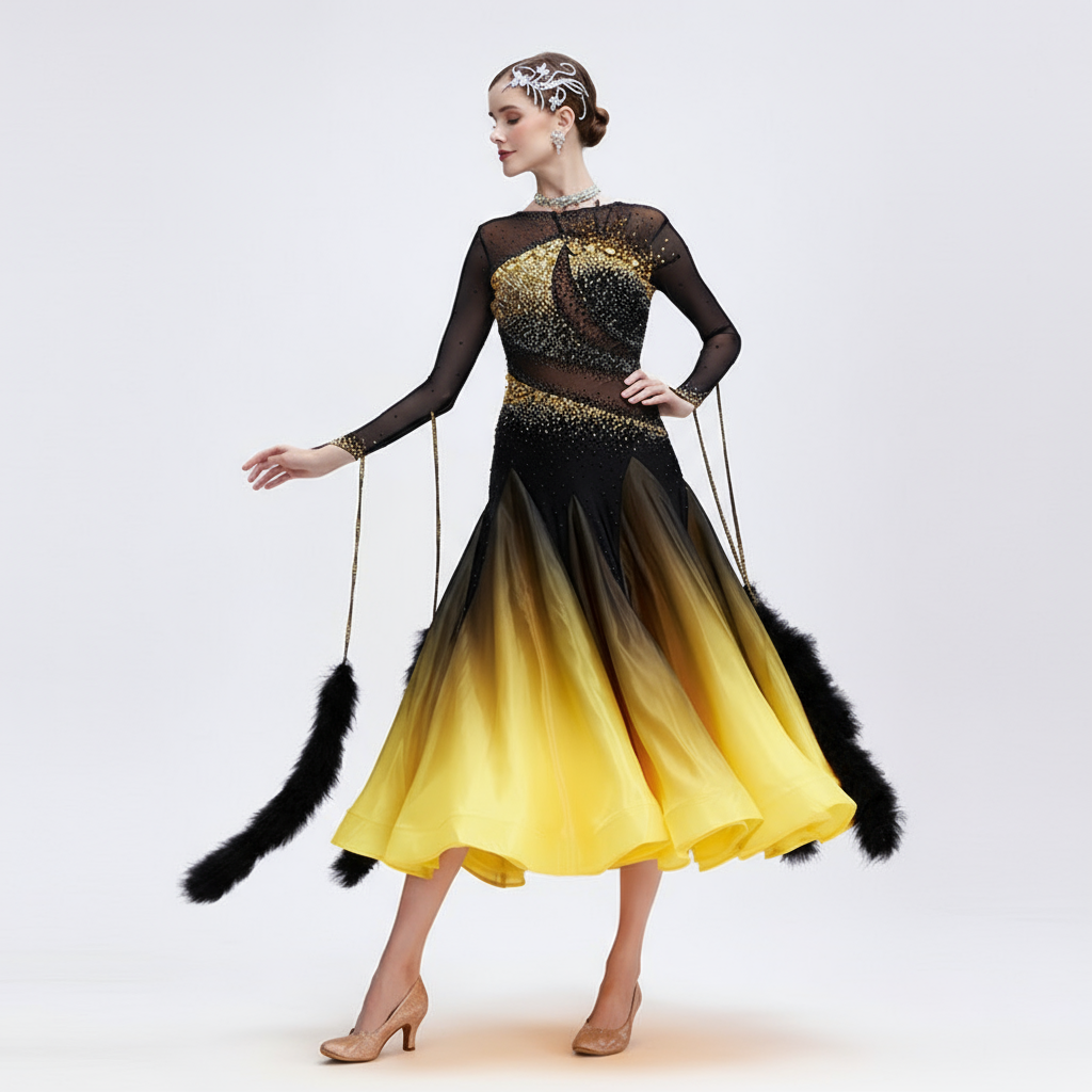 Women's Ballroom Dance Dress With Ombre Satin Chiffon In Yellow And Black For Competition