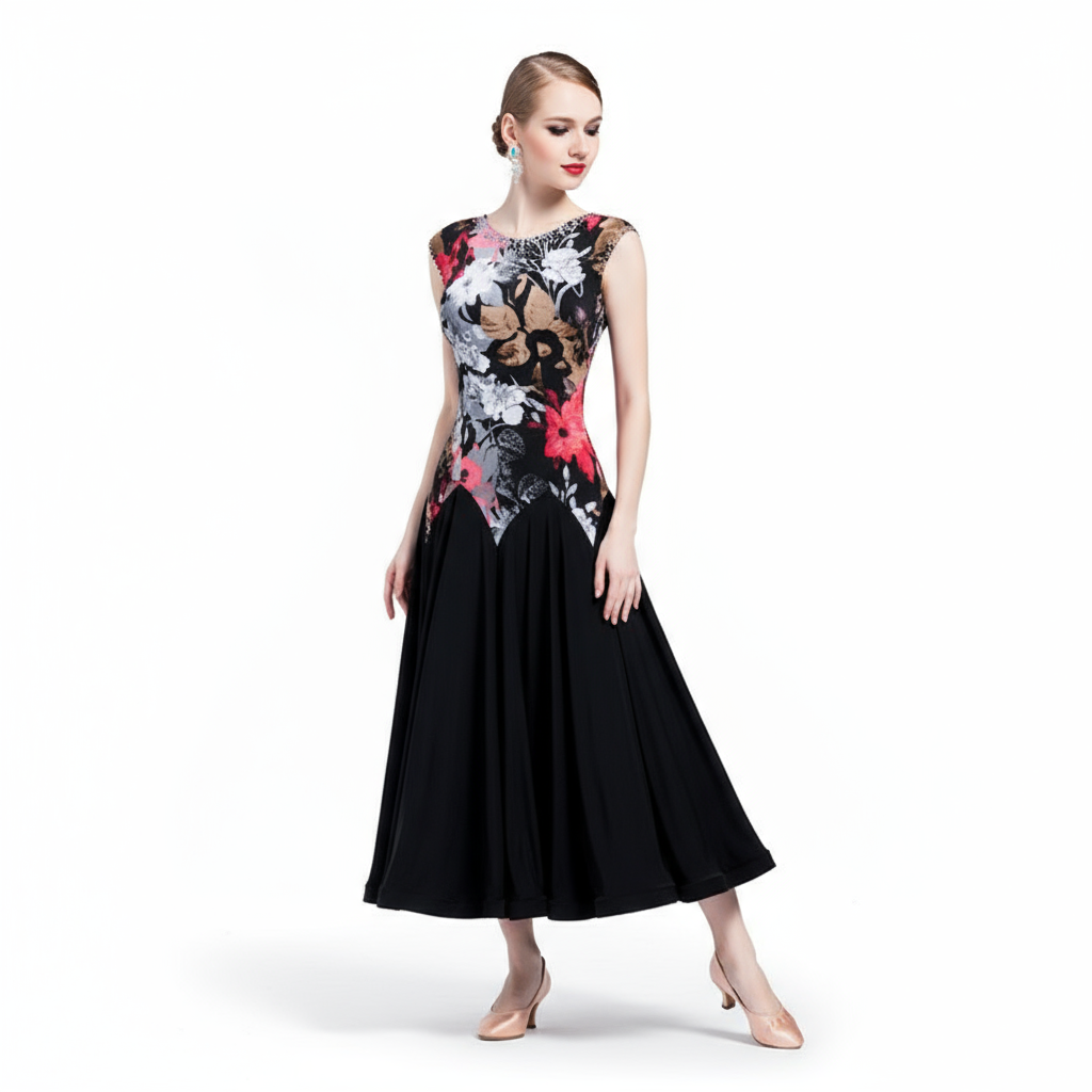 Women's Ballroom Practice Dress With Floating Hem And Printed Pattern For Adults