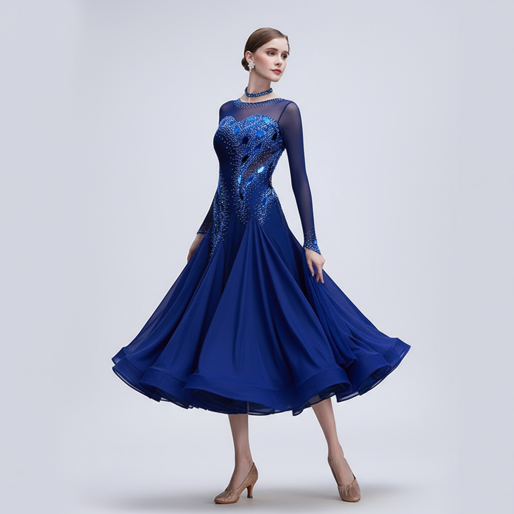 Adult Standard Ballroom Dance Dress Rhinestone Embellished Chiffon Long Gown For Performance