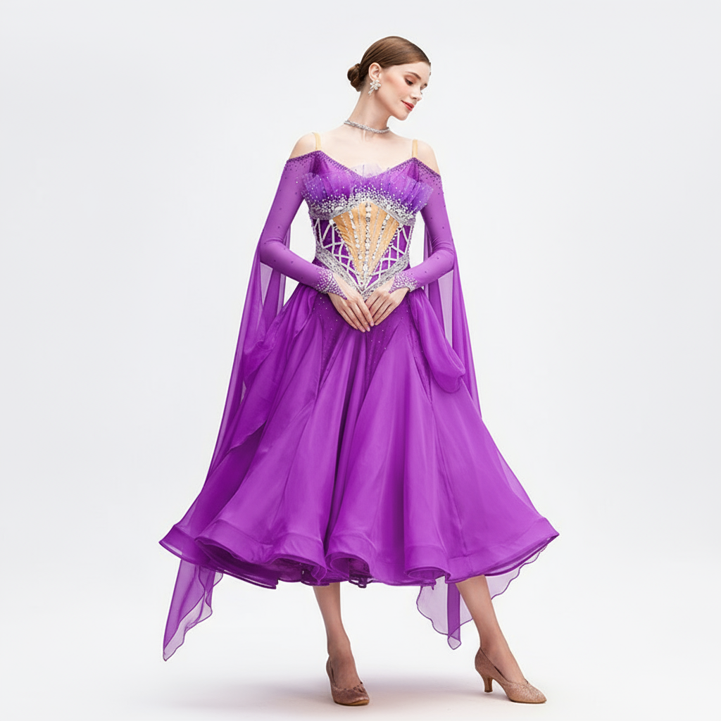 Women's International Standard Ballroom Dance Dress With Chiffon In Amaranth For Competition