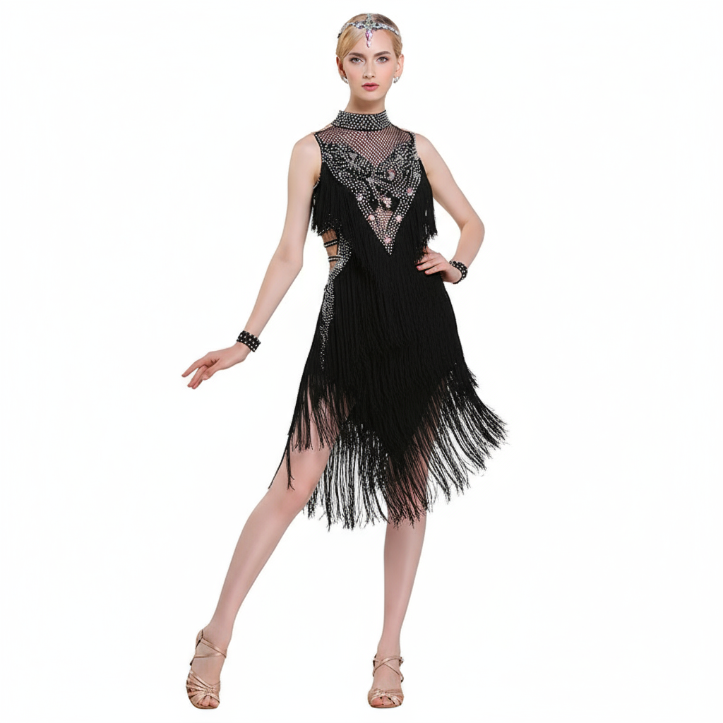 Women's Backless Latin Ballroom Dance Dress With Rhinestones And Tassel Fringe For Performance