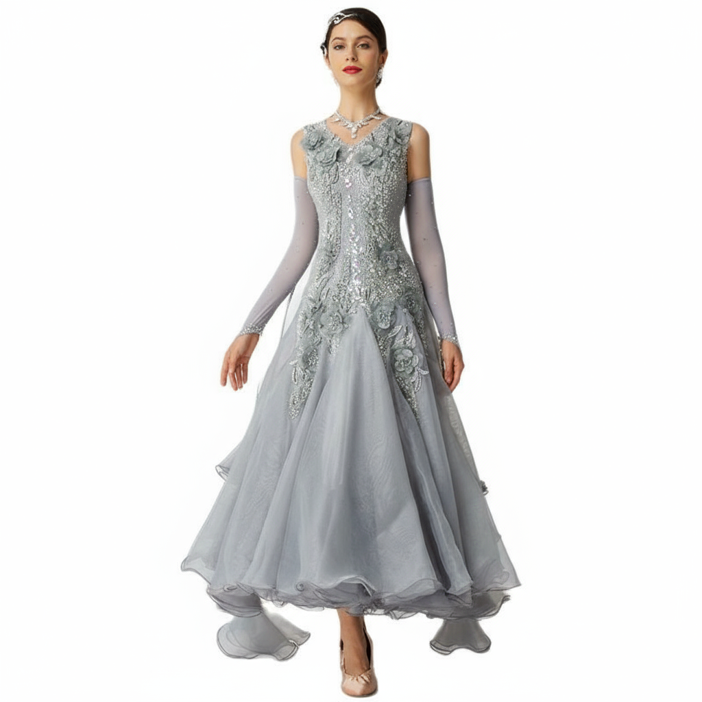 Women's Ballroom Smooth Waltz Tango Dress Gray For Competition