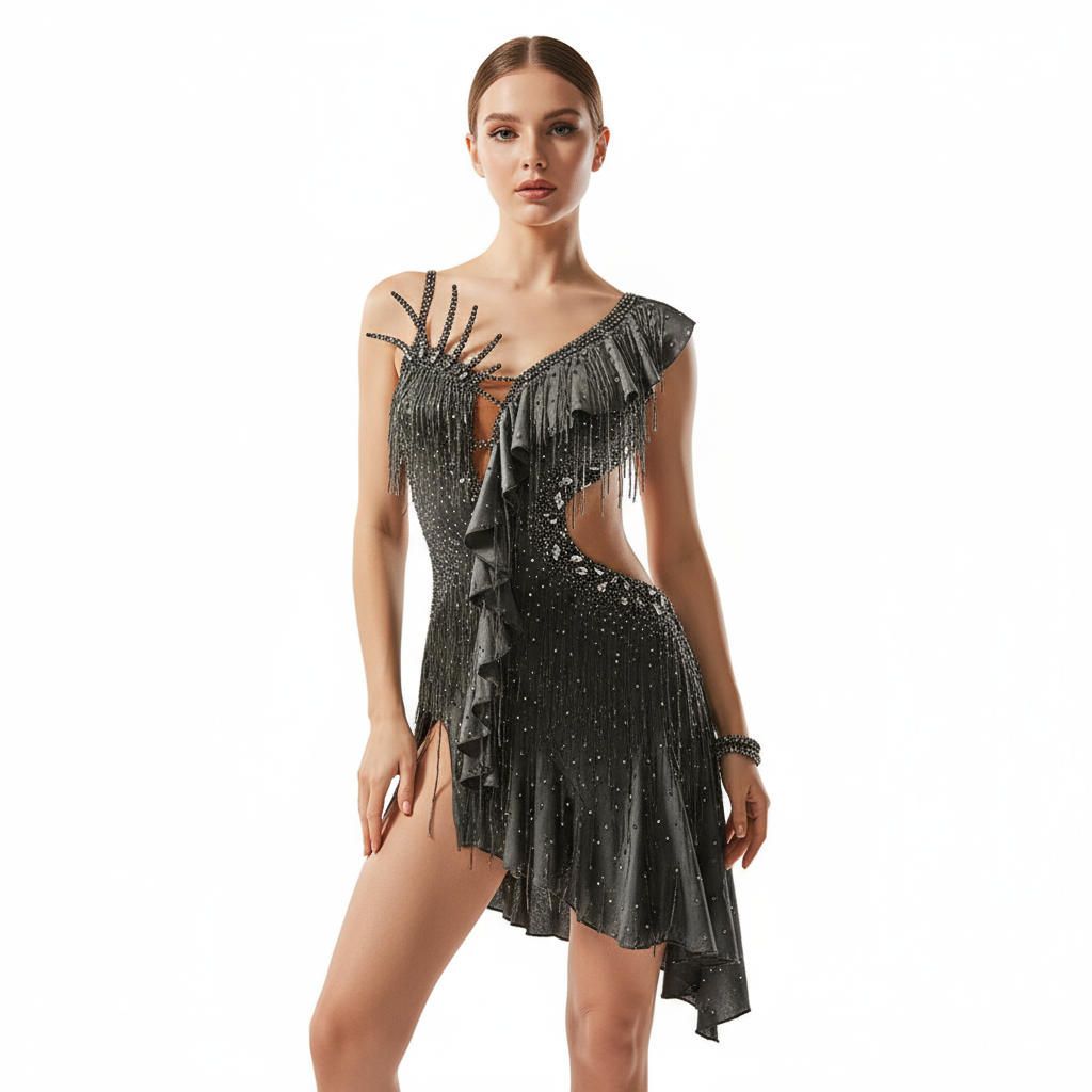 Latin Ballroom Dance Dress With Rhinestones And Tassel Fringe For Adults And Children Competition