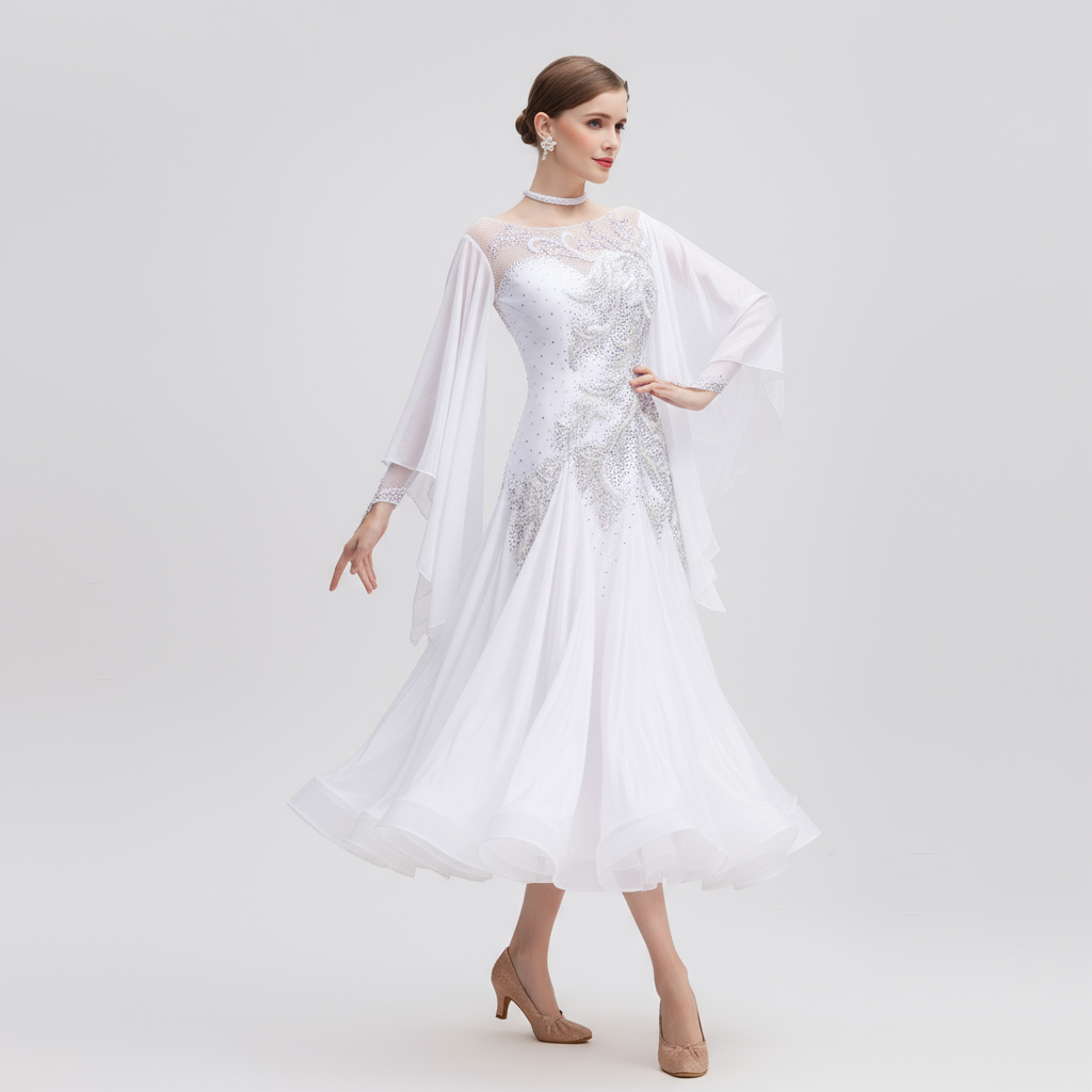 Women's Ballroom Dance Competition Dress In White Pearl Silk For Performance