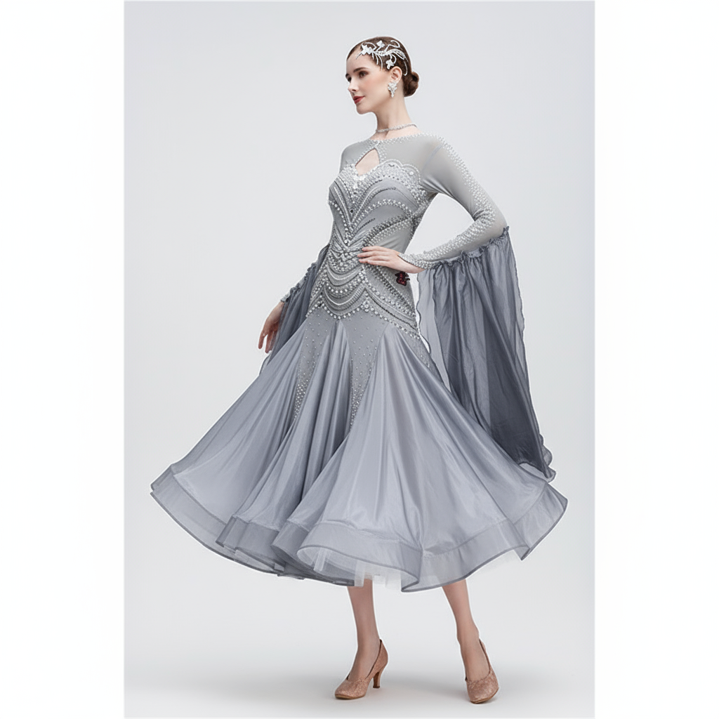 Women's Standard Ballroom Dance Dress In Gray Chiffon For Competition