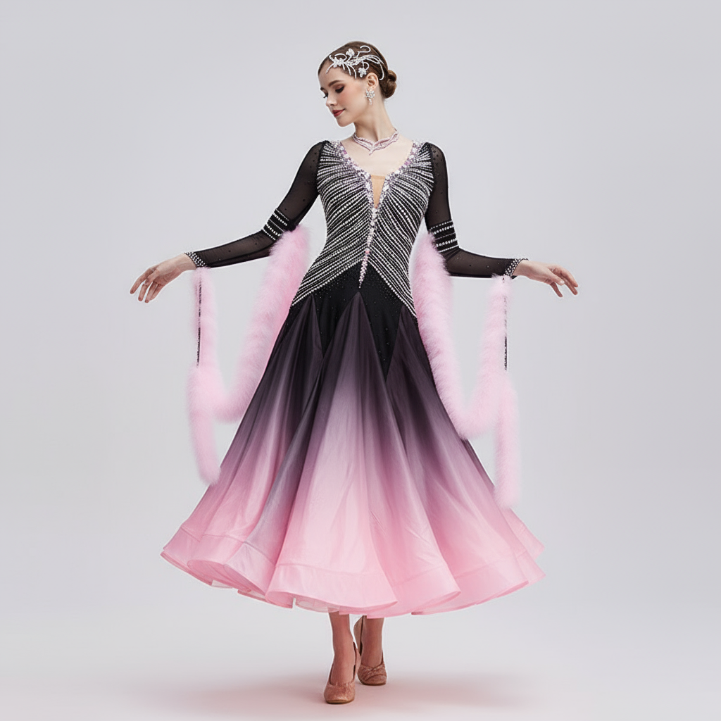 Women's International Standard Ballroom Dance Dress Pearl-Embellished Silk Black-Pink Gradient Competition