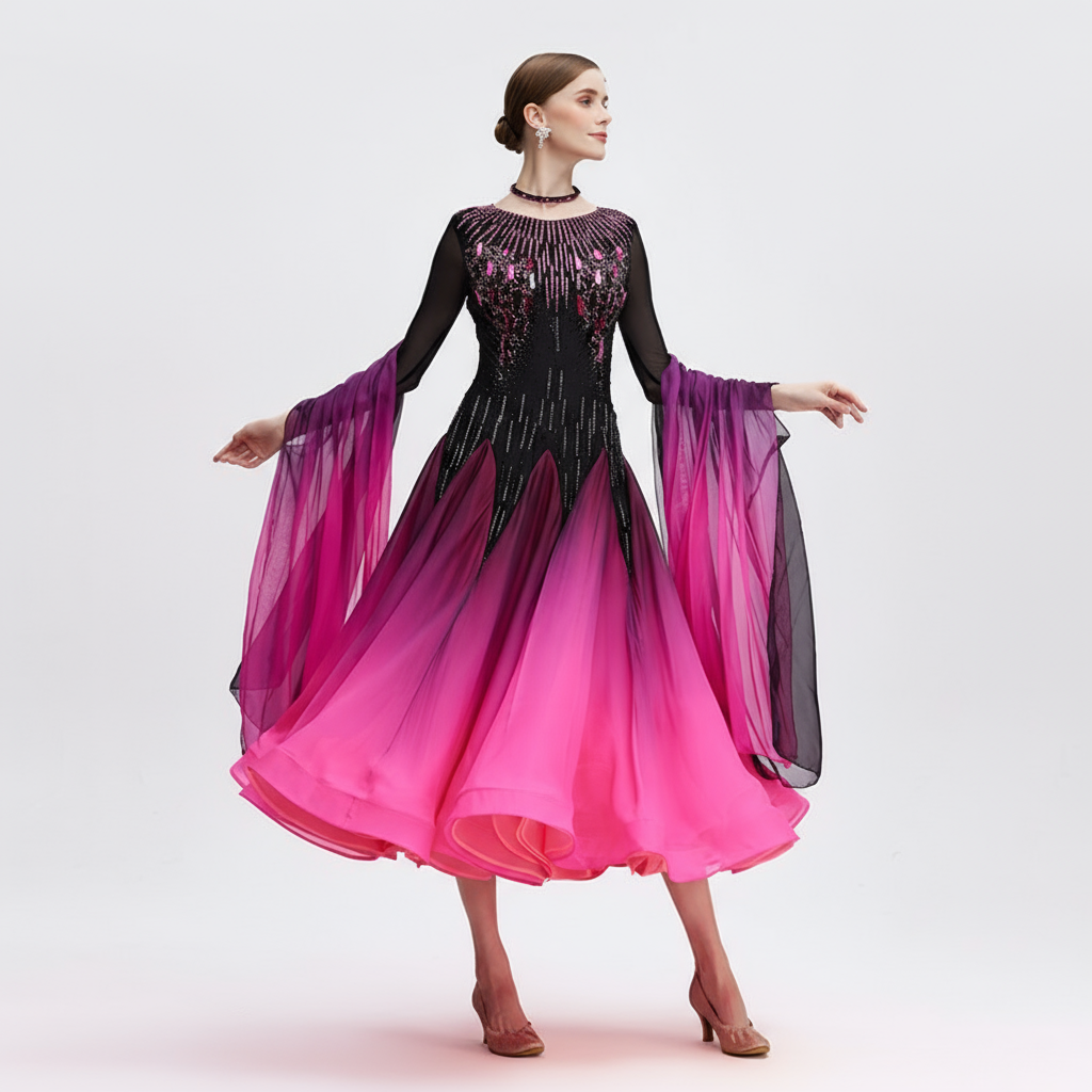 Adult Standard Ballroom Dance Suit With Ombre Chiffon For Performance And Parties