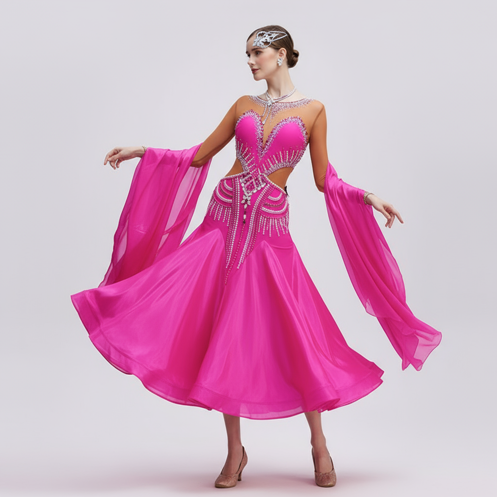 Women's Standard Ballroom Dance Dress Pearl Silk Rose Red For Competition