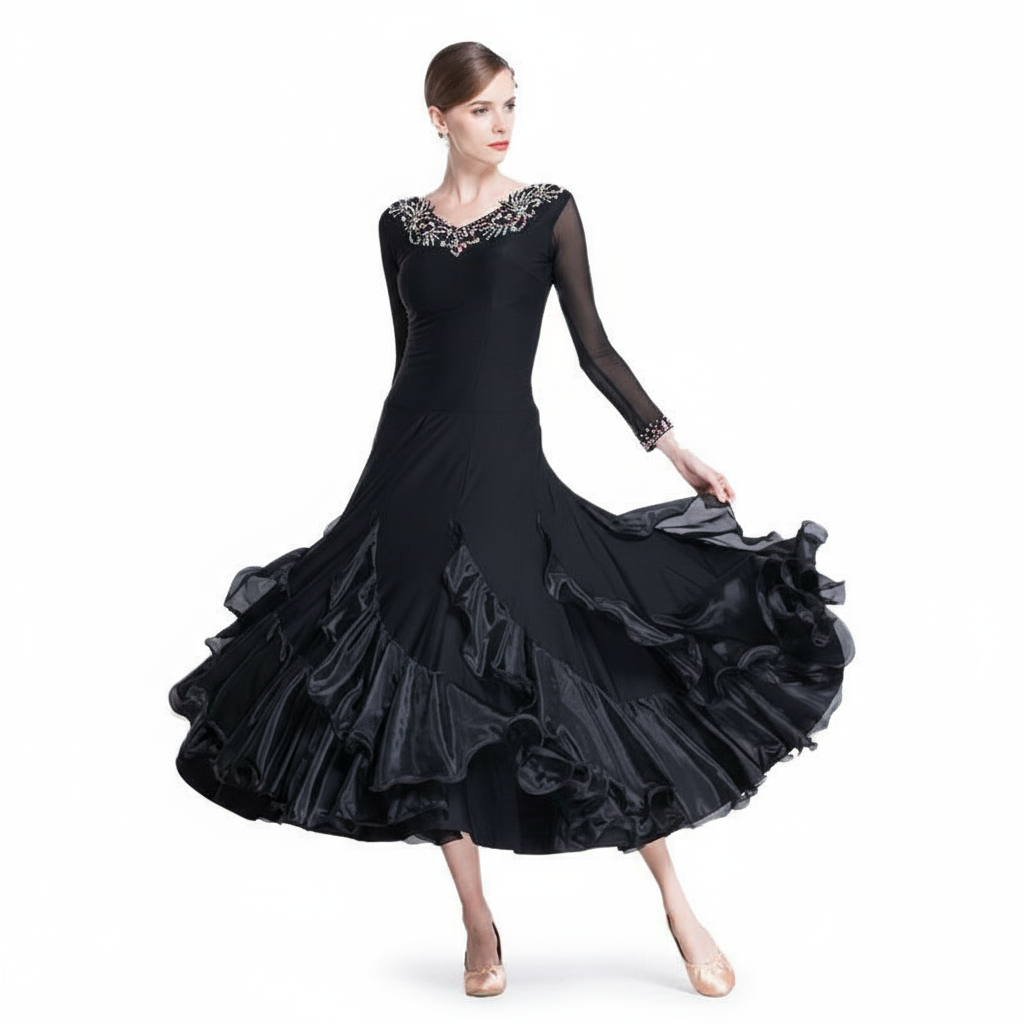 Women's Standard Ballroom Waltz Practice Dress Black For Competition