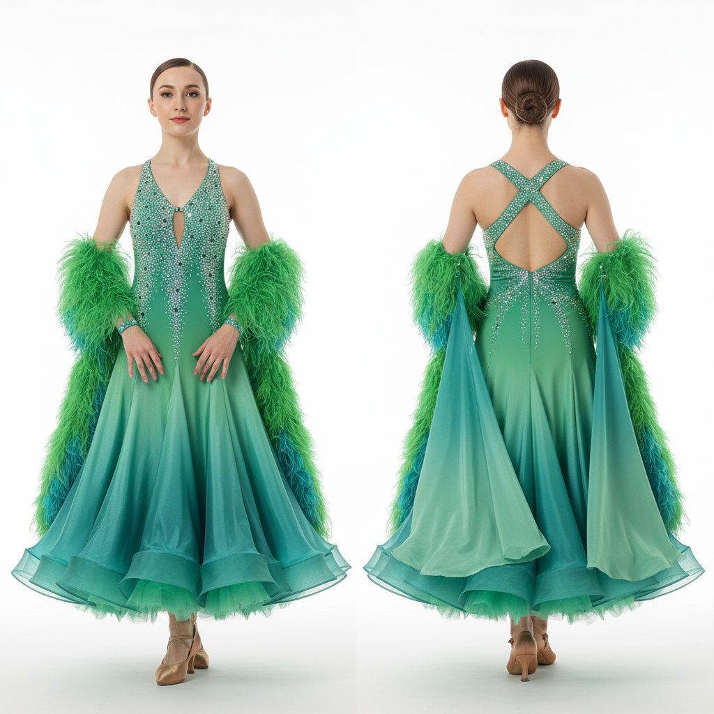 Women's Ballroom Competition Dance Dress With Feather Trim In Stretch Fabric For Performance