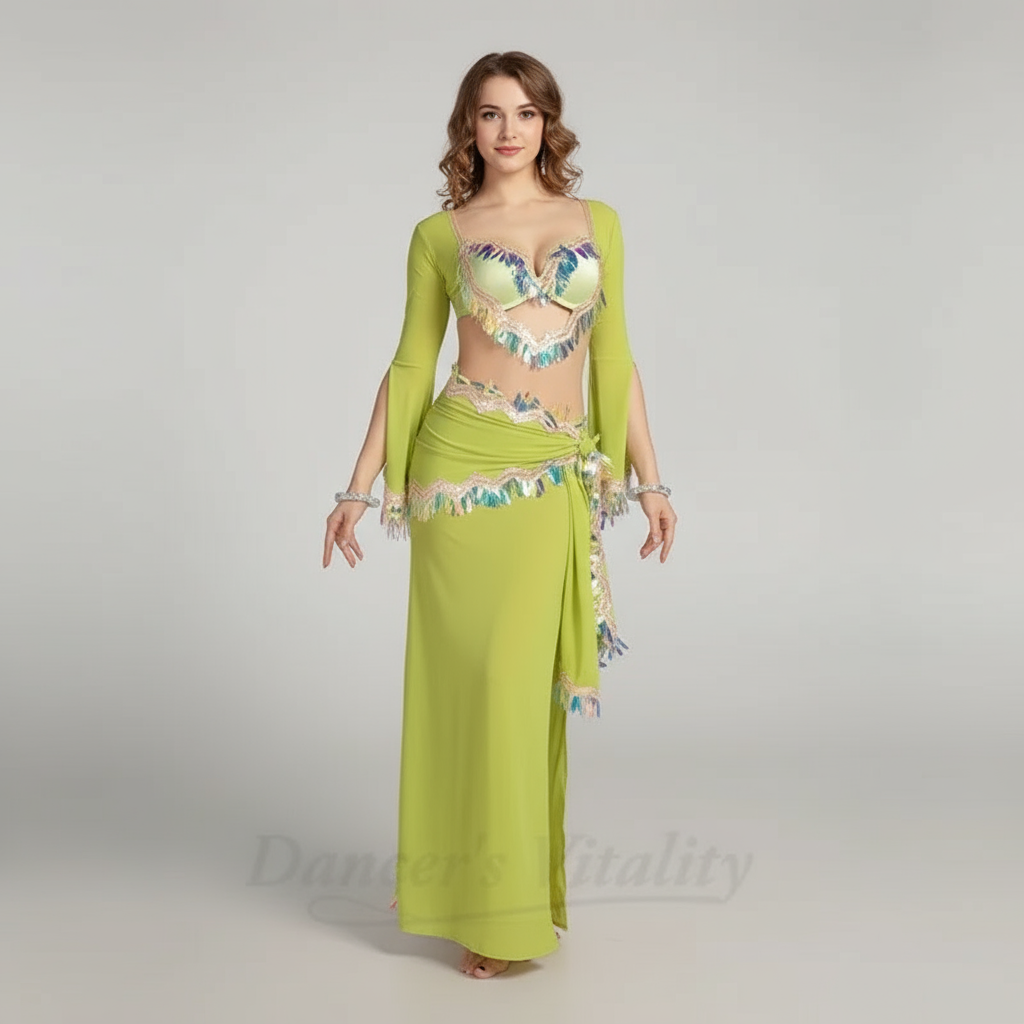 Women's Belly Dance Baladi Saidi 4-Piece Costume Set With Robe, Bra, Headscarf, Hip Scarf For Competition