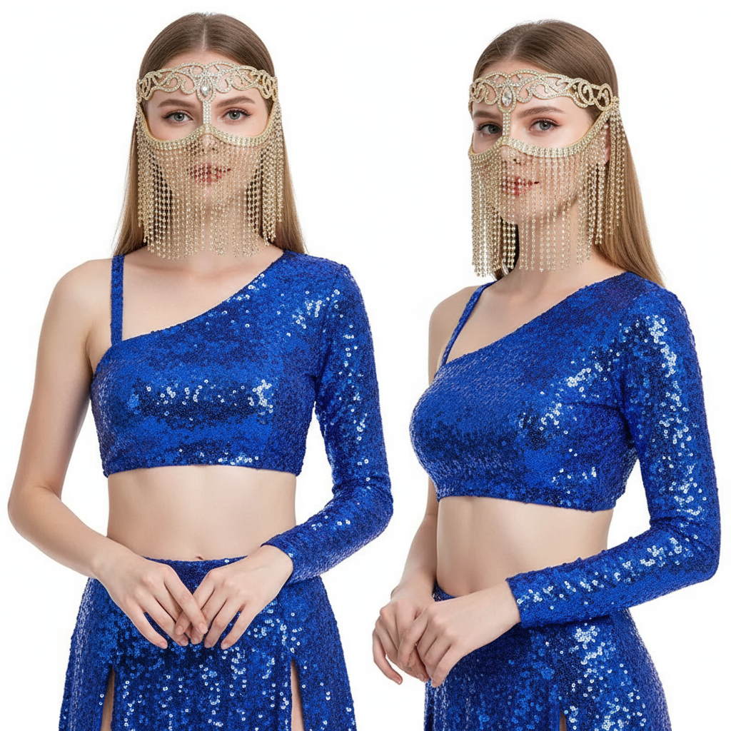 Women's Belly Dance Face Veil With Metal Diamond Chain For Adult Competition Performance