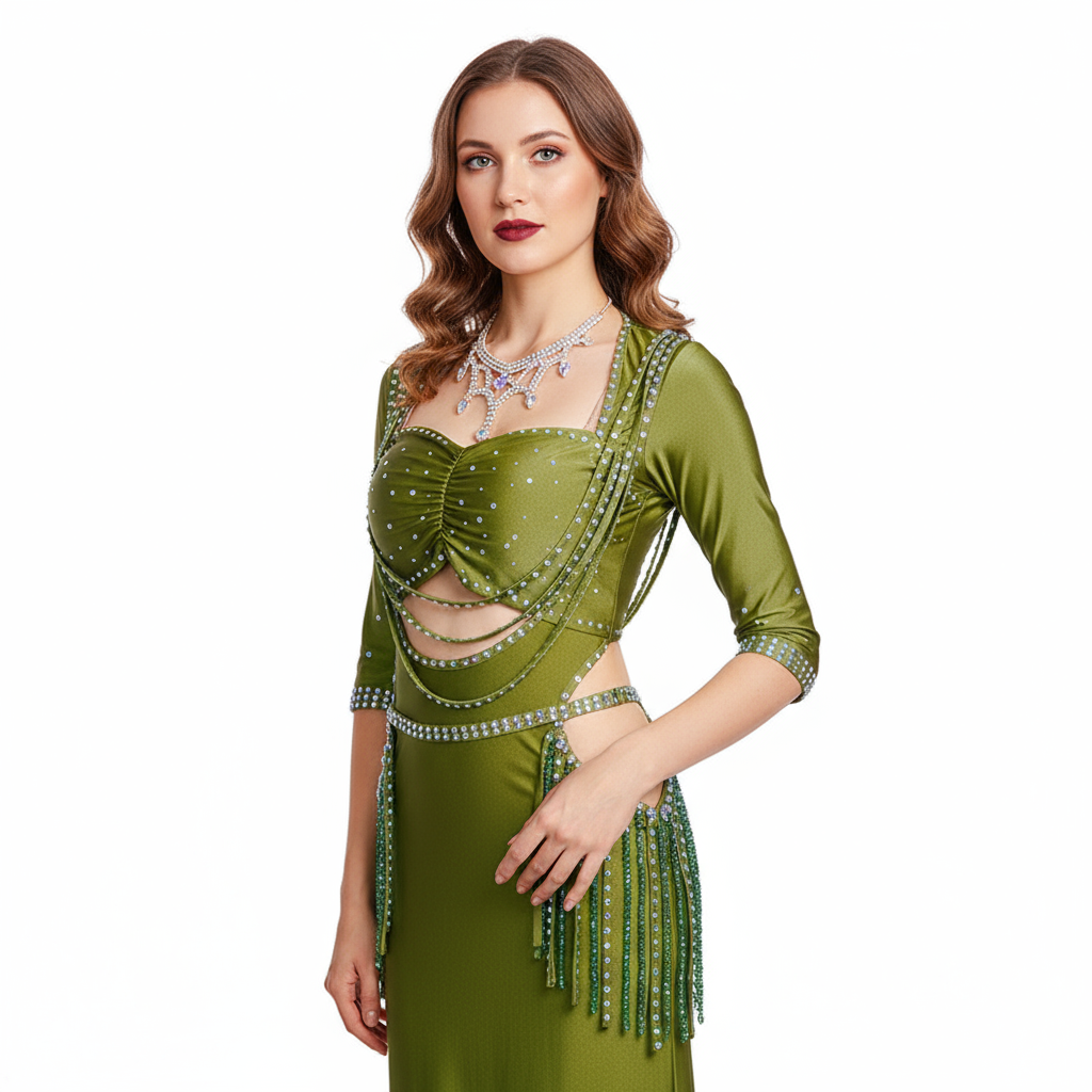 Women's Belly Dance Costume 3-Piece Set With Rhinestone Headband, Top And Long Tassel Skirt For Performance