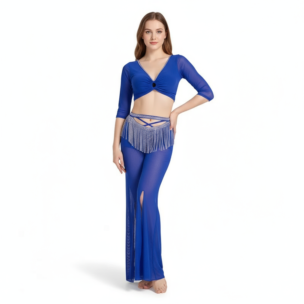 Women's Belly Dance Two-Piece Costume Set With V-Neck Top And Rhinestone Tassel Pants For Practice