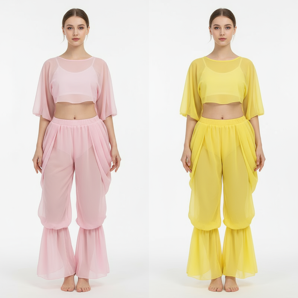 Women's Belly Dance Training Outfit With Long-Sleeve Top And Chiffon Lantern Pants