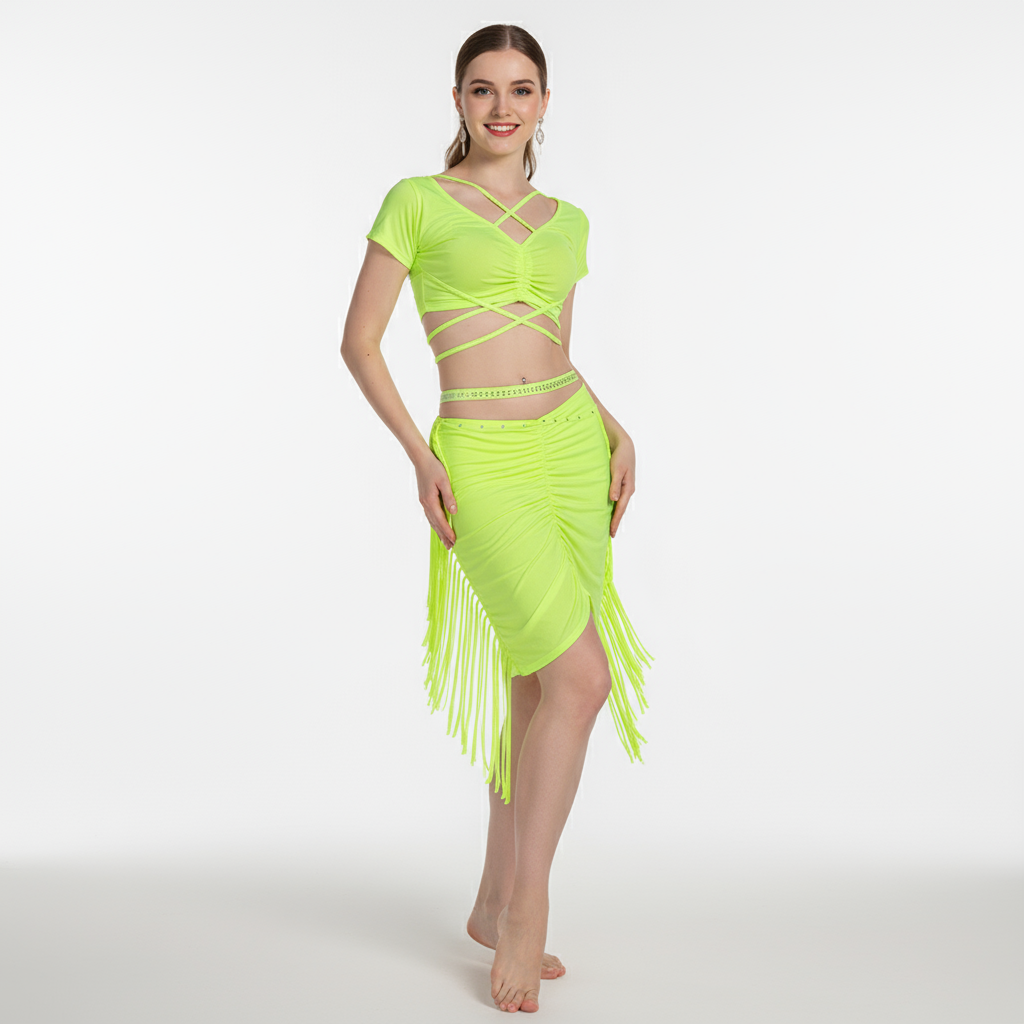 Girls' Belly Dance 2-Piece Costume Set With V-Neck Short-Sleeve Top And Tassel Skirt For Training