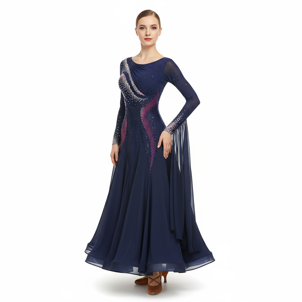 Women's Elegant Ballroom Waltz Tango Long-Sleeve Dance Dress For Competition
