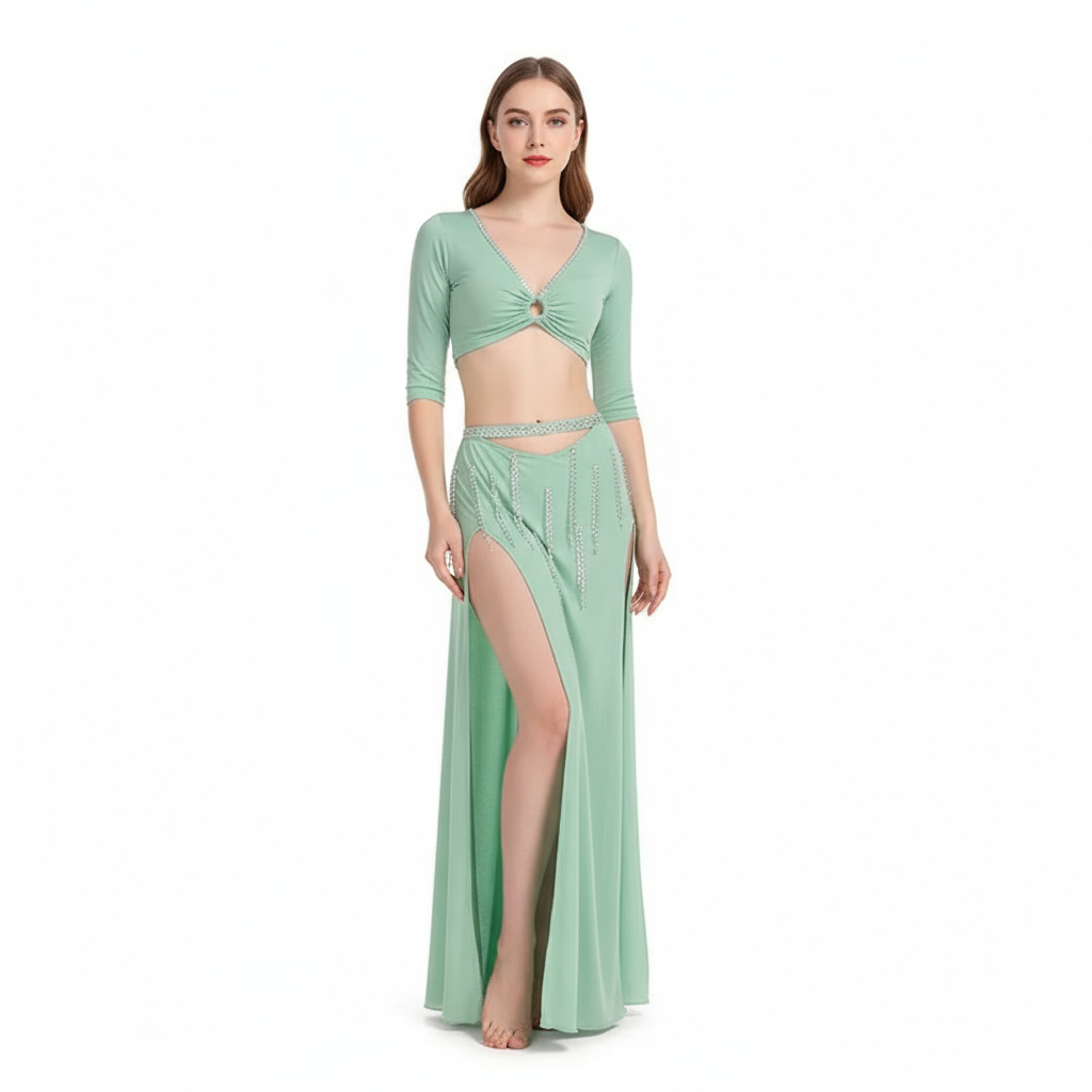 Women's Belly Dance Practice Set V-Neck Half-Sleeve Top and Long Split Skirt 2-Piece